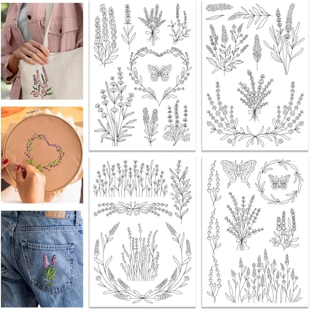 Embroidery Cloth - 4 hojas de lavanda flor mariposa