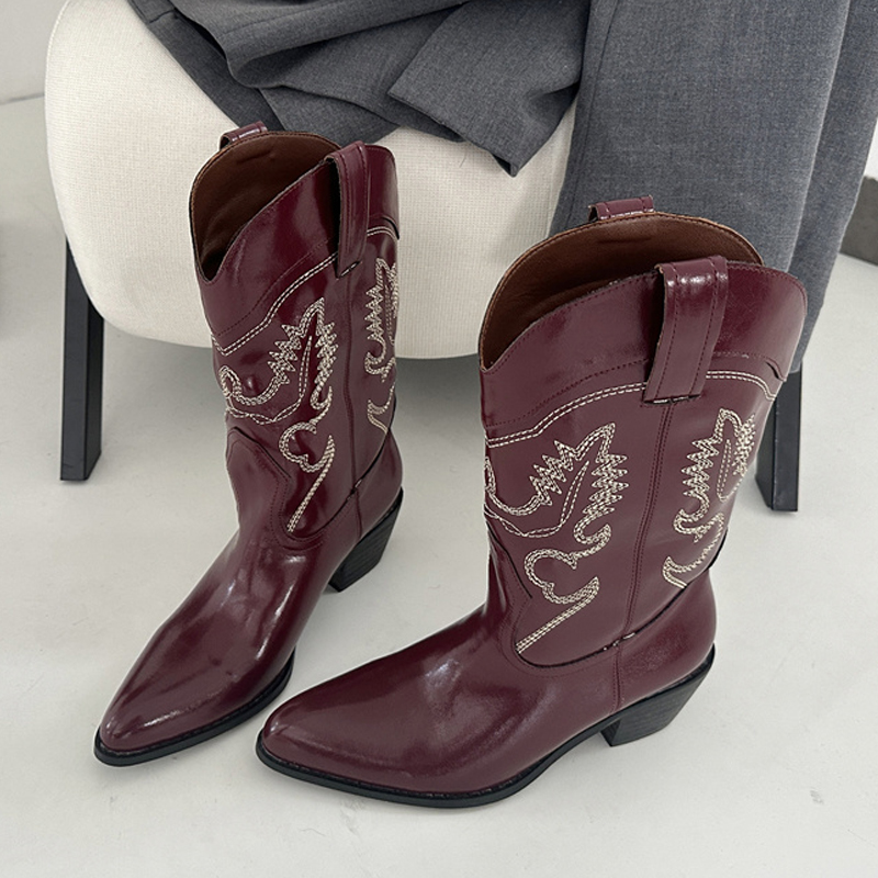Embroidery Designer - Botas occidentales de cuero rojo vino