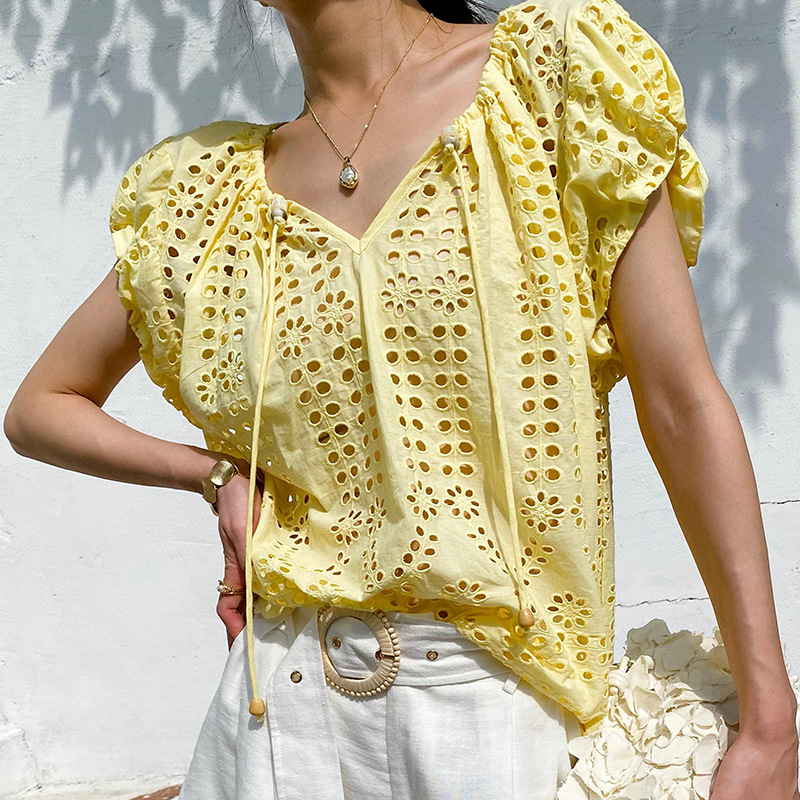 Estilo francés elegante blusa  - Embroidery Yellow reseña y precio